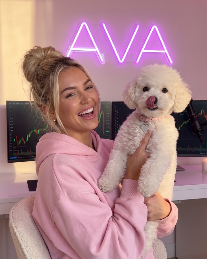 Ava at her desk with Coco